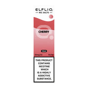 A bottle of Elf Bar ElfLiq Cherry Nic Salt Vape Juice, 10ml with a nicotine strength of 20mg/ml, indicated for use with pod systems and low-wattage devices.